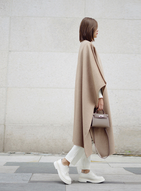 Uone定制复古斗篷外套女中长款宽松潮气质纯色披肩手工大衣小个子