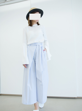 UONE定制白色纯棉喇叭袖飘带套头上衣欧美修身长袖街头圆领女式潮