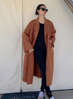Uone定制手工橘色羊毛呢外套女复古斗篷型斜纹腰带双面呢大衣冬季