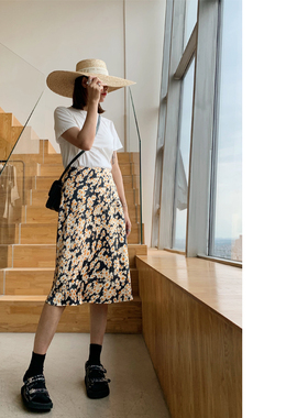 UONE定制2019夏新款真丝黄色碎花S摆裙女半身裙高腰显瘦中裙