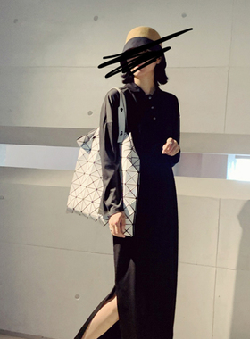 UONE定制2021早秋冬新简约小众款翻领长袖侧开叉针织显瘦衬衣裙女