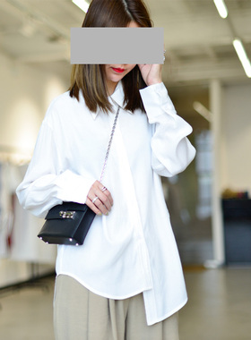 UONE定制长袖衬衣中长款法式轻文艺范宽松显瘦不对称扣丝感衬衫女