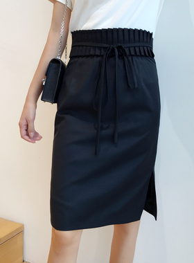 Uone定制秋装女腰封款侧开叉薄羊毛黑色半裙显瘦百搭纯色包臀裙潮