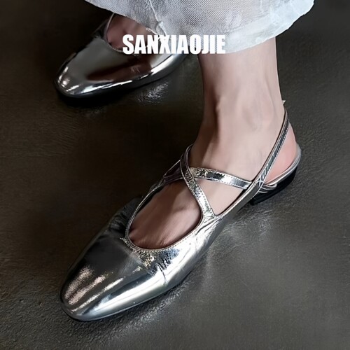 羊皮银色浅口平底玛丽珍鞋新款