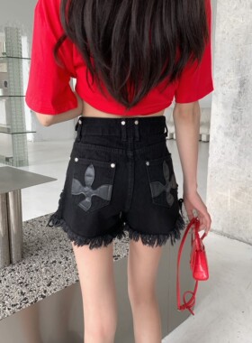 SMFK痞幼同款流浪牛仔短裤大码胖mm纯棉抽绳可调节皮质十字花热裤
