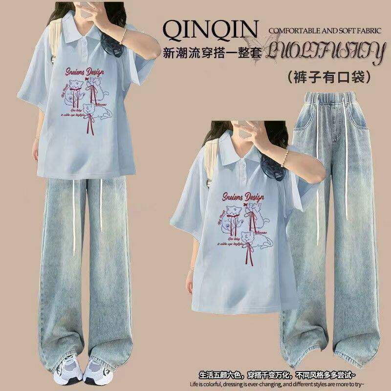 初中学生女孩衣服9-13岁女童新款夏季短袖Polo领＋牛仔裤两件套装