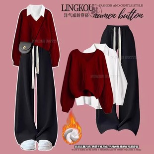 韩系温柔风秋冬套装女2025新款红色毛衣女初中生过年衣服三件套装