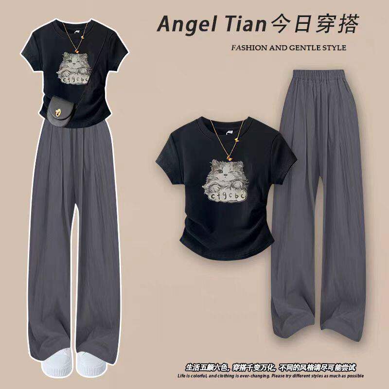 冷淡风阔腿裤套装女大童夏季短袖两件套青少年衣服夏装凉快套装