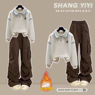 高中生冬天穿搭套装女秋冬季女装初中生翻领卫衣工装裤加绒两件套