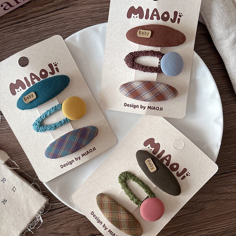 早秋新款百搭韩版3个卡布艺椭圆bb夹女孩刘海发夹儿童格纹发卡子