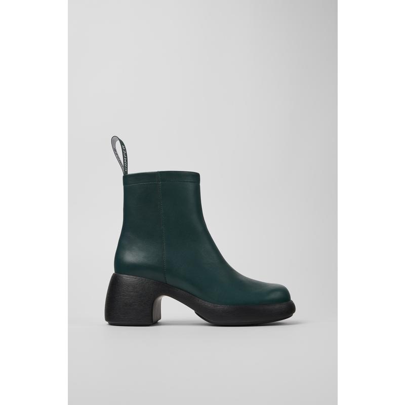 代购Camper女士短靴透气轻便软底减震绿色皮革粗跟圆头日常穿搭