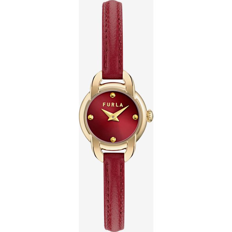 FURLA芙拉女士腕表时间指针日期简约皮带红色金属小表盘日常