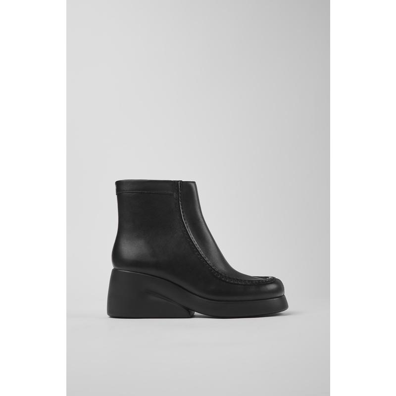 代购Camper女士短靴舒适轻便软底防滑黑色皮革坡跟圆头日常穿搭