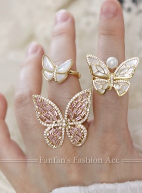 蝴蝶开口戒指小众高级感微镶镂空食指戒可调节指环配饰日韩金色女