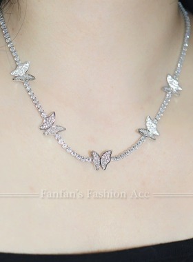高档满钻锆石微镶蝴蝶项链女时尚轻奢设计感气质晚宴锁骨链颈链