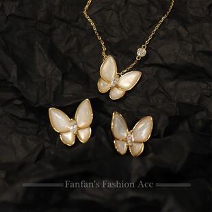 白贝母蝴蝶s929项链耳钉套装小众设计感生日礼物破茧成蝶饰品女式