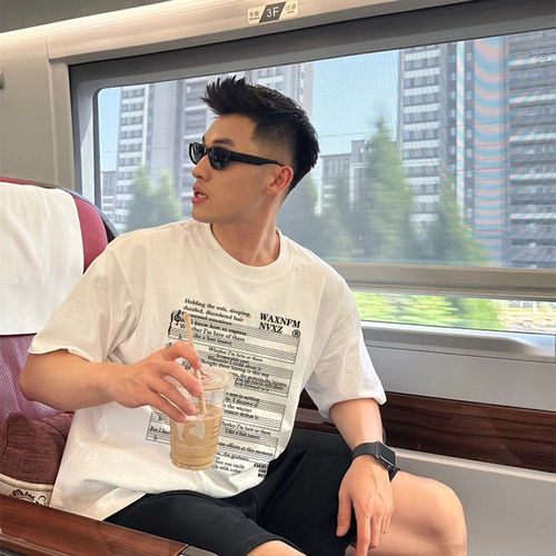 美式嘻哈乐谱印花重磅短袖T恤男