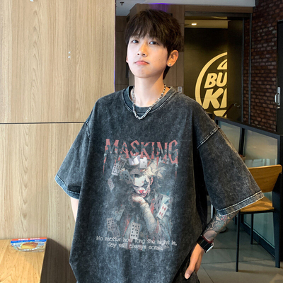 纯棉宽松t恤男潮牌印花水洗男