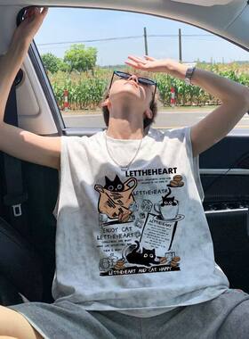 大码300斤美式卡通印花背心男夏宽松透气休闲坎肩潮流百搭青少年