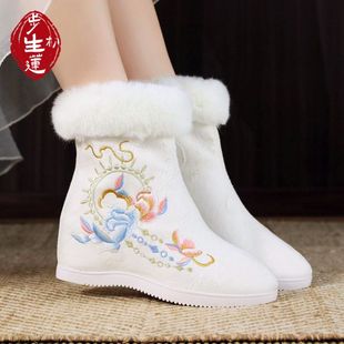 雪地靴加厚古风棉靴 绣花鞋 初步生莲汉服靴子女内增高冬季 加绒古装