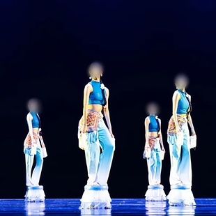 第九届岭南舞蹈大赛《小池》女子群舞傣族民族风蓝色无袖演出服