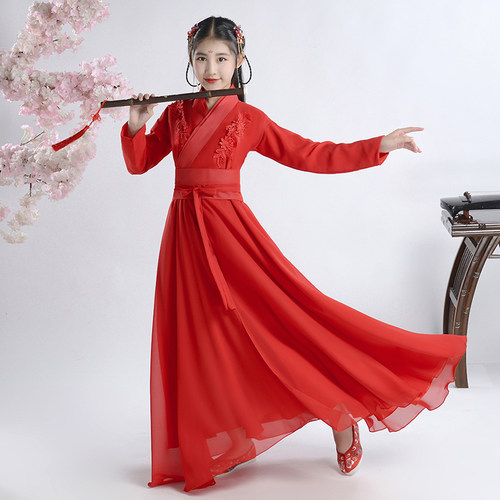 女古装中国舞汉服大红色古筝演出