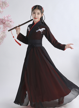 春秋儿童黑色古风女童装汉服古装仙女超仙霸气酷侠女大童长款时尚