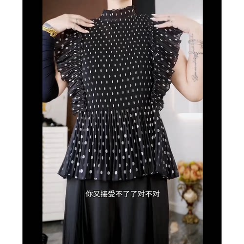 Dan Dan 复古波点收褶短袖衬衫女 大弹力松紧褶皱面料娃娃衫上衣