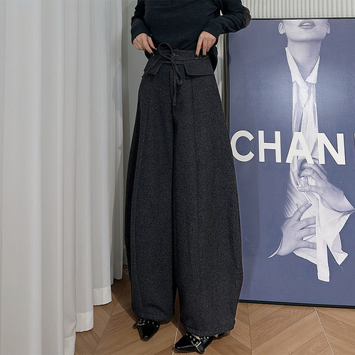 Dan Dan 深灰色毛呢加绒加厚秋冬弯刀裤女 时髦精自留款阔腿裤