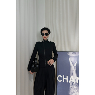 Dan Dan 黑色帅气干练短外套女 极简风显气质铆钉袖子上衣