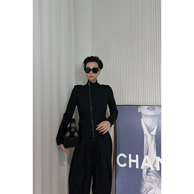 Dan Dan 黑色帅气干练短外套女 极简风显气质铆钉袖子上衣