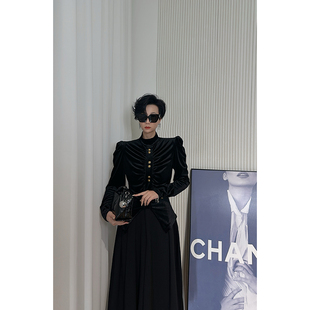 女 浪漫风黑色丝绒立领衬衫 高级感金扣显贵气上衣 法式 Dan