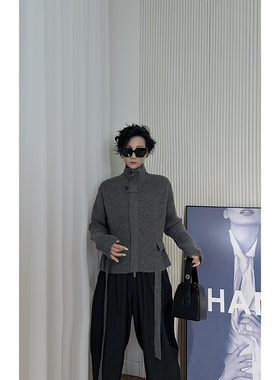 Dan Dan 极简风灰色高领拉链针织毛衣女 开衫显气质外套