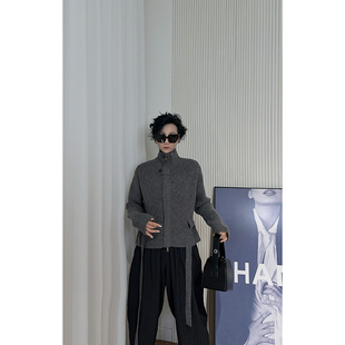 显气质外套 开衫 Dan 极简风灰色高领拉链针织毛衣女