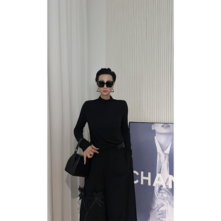 T恤女 腰带拼接设计感长袖 Dan 黑色修身