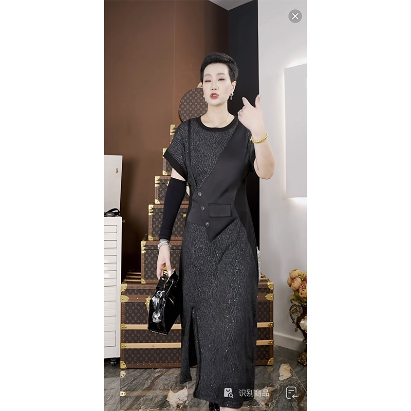 DanDan 灰色假俩件拼接开叉收腰连衣裙女装 高级轻奢感女装