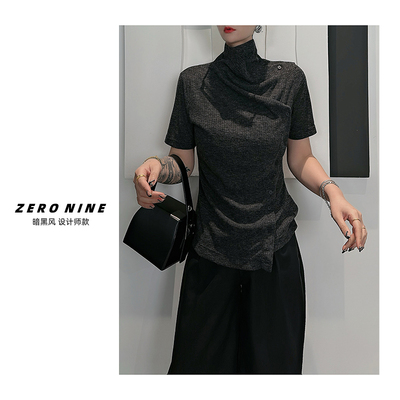 Dan Dan 深灰色高领显气质短袖针织衫女 2025年新款显瘦小众上衣