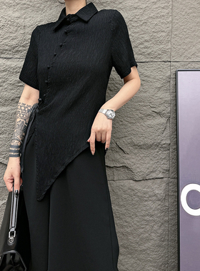 【蛋爷精选】黑色赫本风复古衬衫女 2023年褶皱肌理感女士衬衣