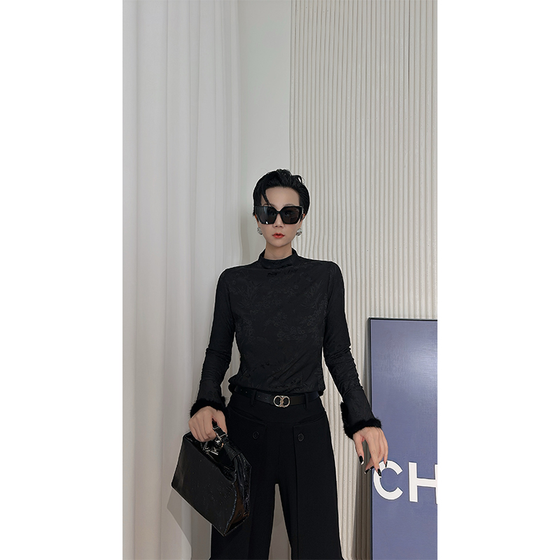 Dan Dan 新中式国风提花长袖T恤女  袖子拼毛高级感上衣