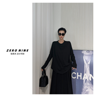 Dan 假俩件拼接T恤女 黑色宽松插肩袖