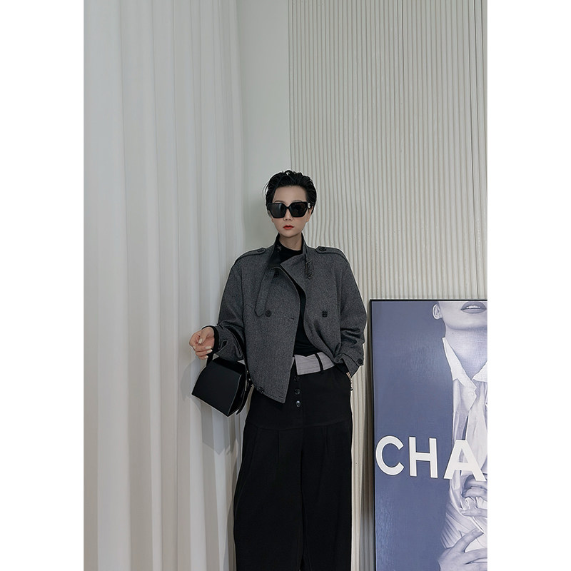 Dan Dan 灰色短款毛呢夹棉外套女 立领双排扣小个子棉服夹克