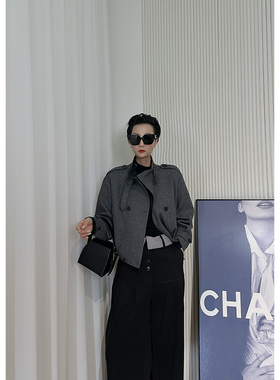 Dan Dan 灰色短款毛呢夹棉外套女 立领双排扣小个子棉服夹克