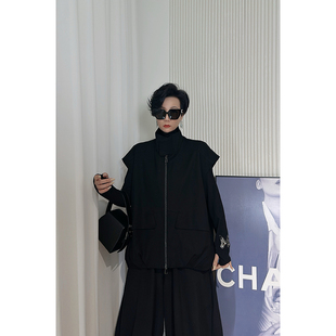 Dan 小众设计极简风外套 暗黑风黑色拉链坎肩马甲女