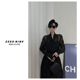 V领收腰设计师款 Dan 长袖 女 暗黑风黑色蕾丝透视衬衫