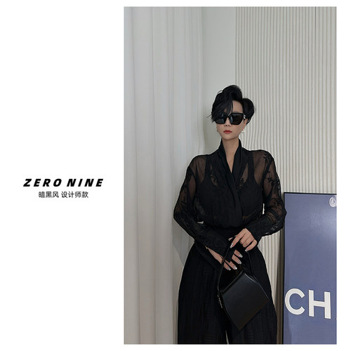 Dan Dan 暗黑风黑色蕾丝透视衬衫女 长袖V领收腰设计师款