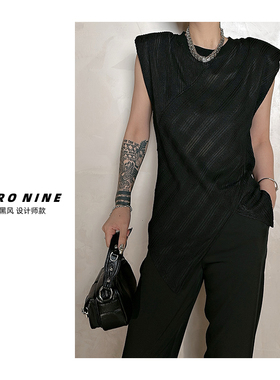 Dan Dan2 黑色坎肩无袖T恤女 夏季新款下摆开叉暗黑风上衣