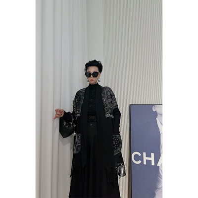 Dan Dan 黑色针织开衫外套女 腰果花拼接设计师款道袍