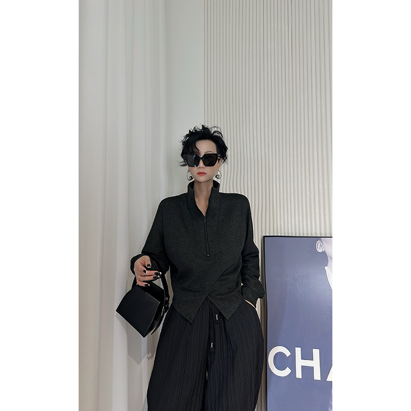 Dan Dan 黑色半拉链卫衣女 下摆开叉长袖上衣