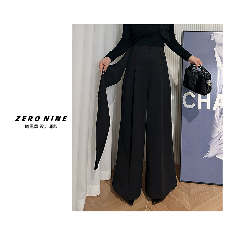 Dan Dan 黑色系带设计感小众阔腿裤女