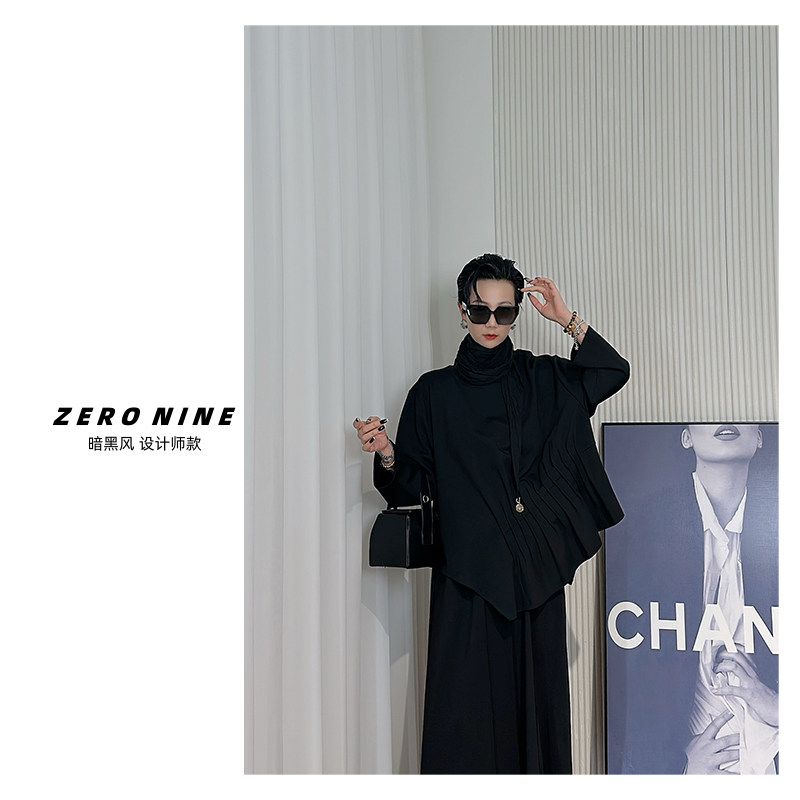 Dan Dan 黑色褶皱设计感小众长袖卫衣女